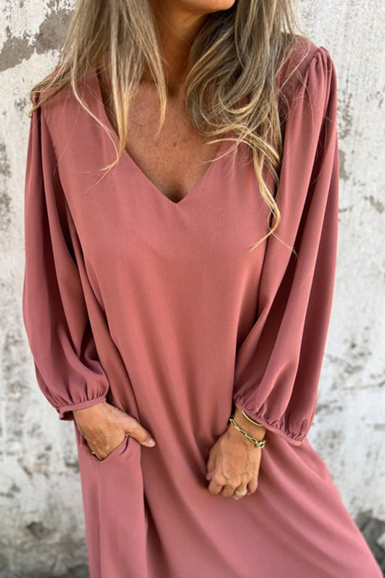V Neck Lantern Sleeve Maxi Dress