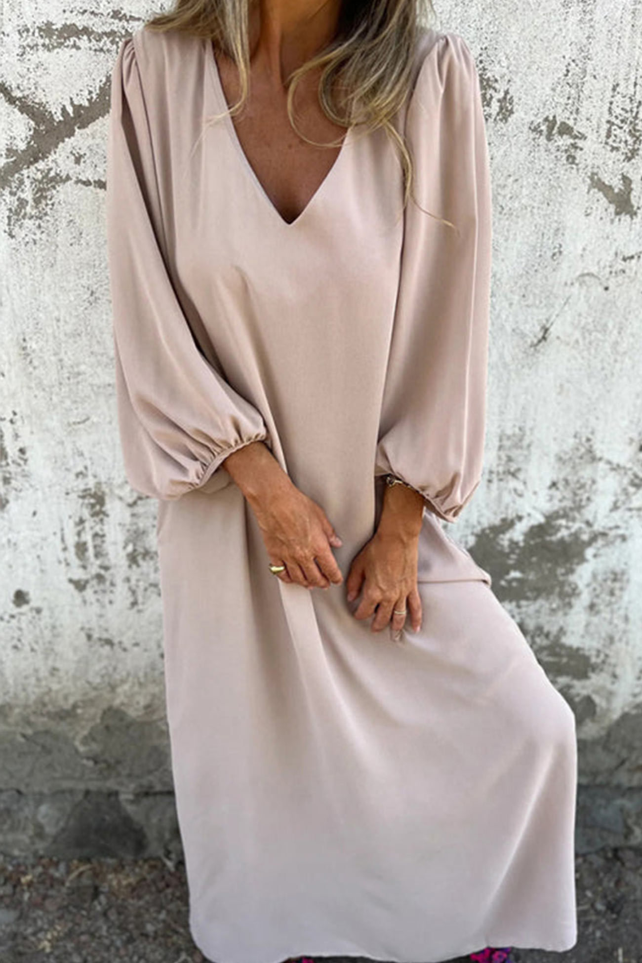 V Neck Lantern Sleeve Maxi Dress