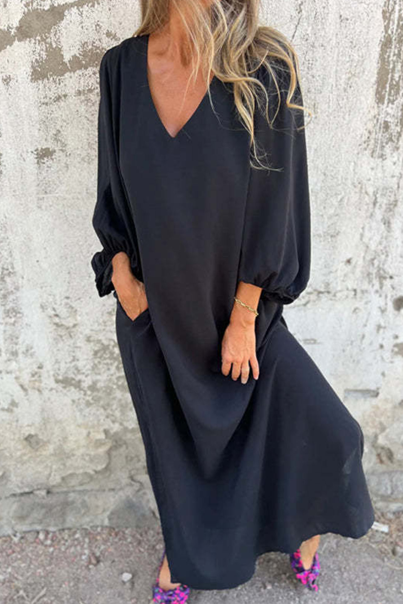 V Neck Lantern Sleeve Maxi Dress