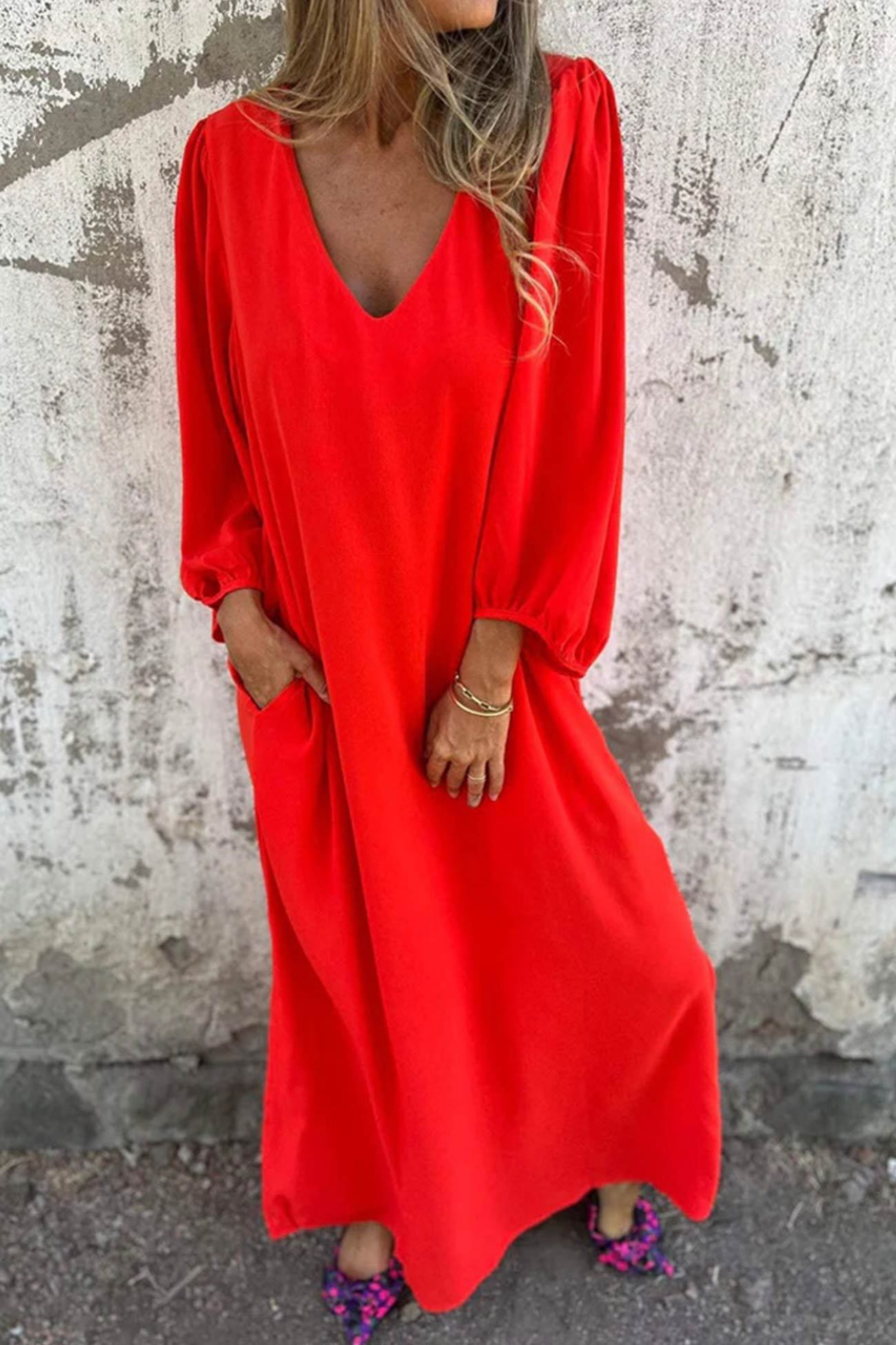 V Neck Lantern Sleeve Maxi Dress