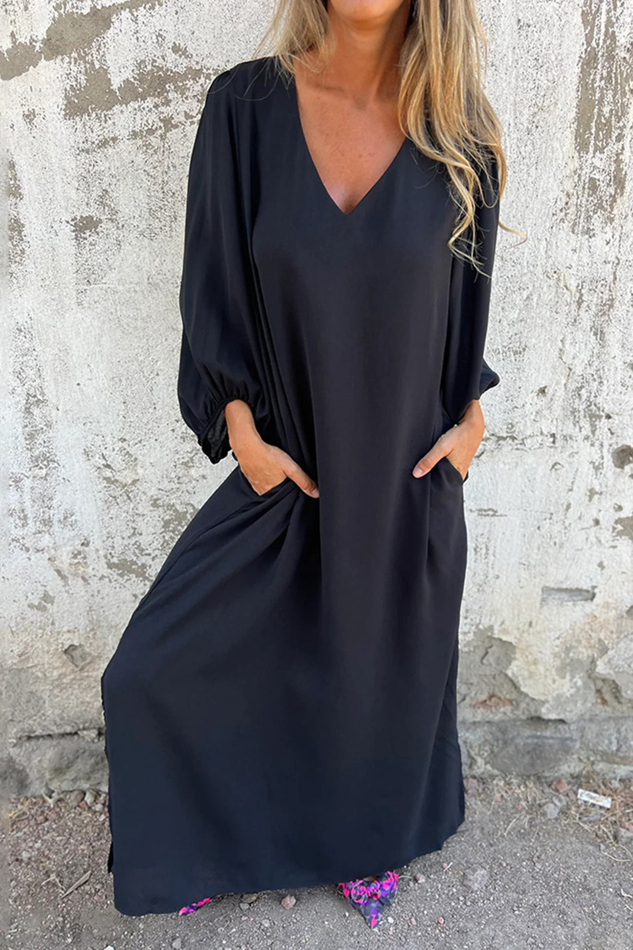 V Neck Lantern Sleeve Maxi Dress