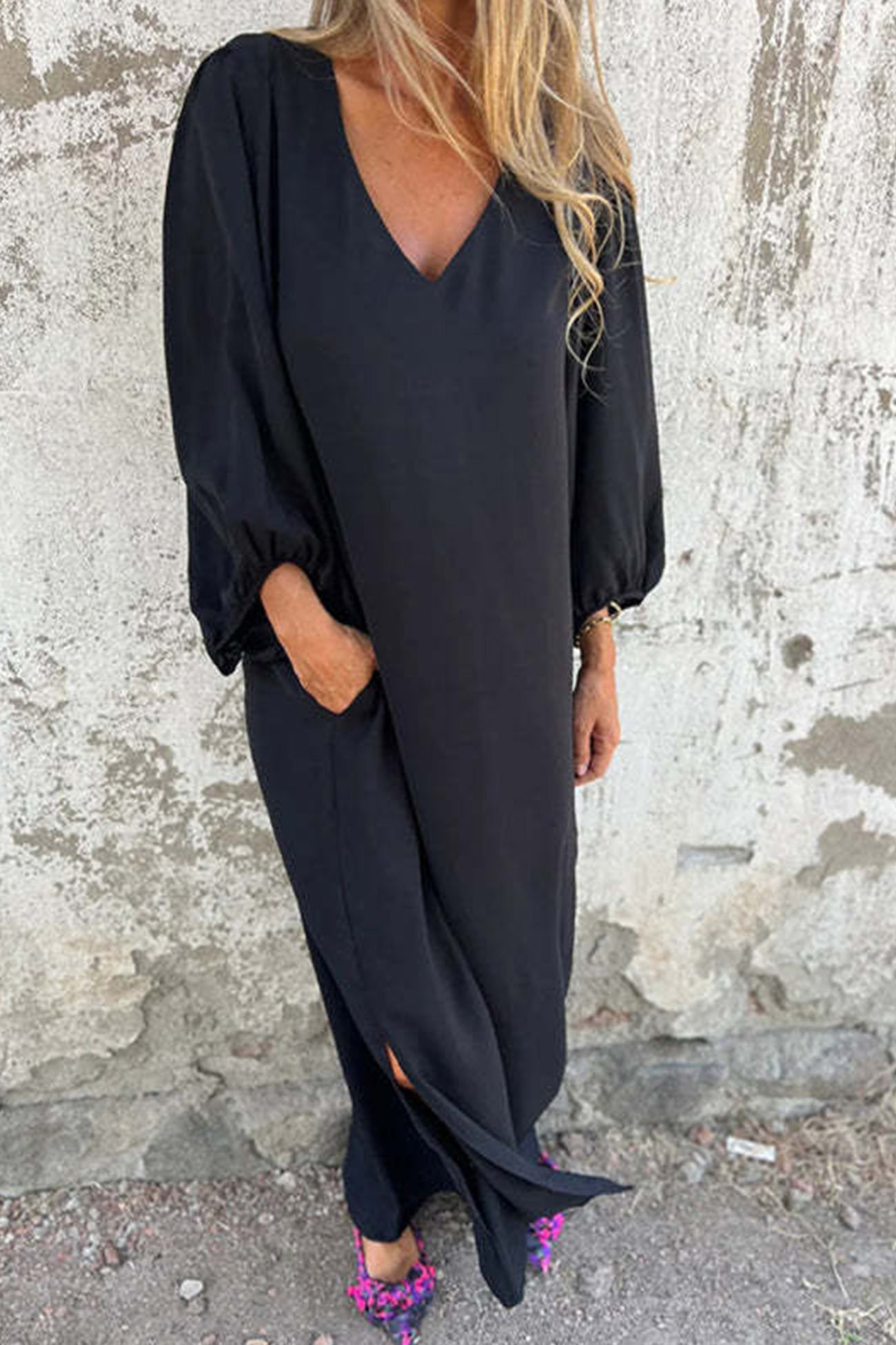 V Neck Lantern Sleeve Maxi Dress