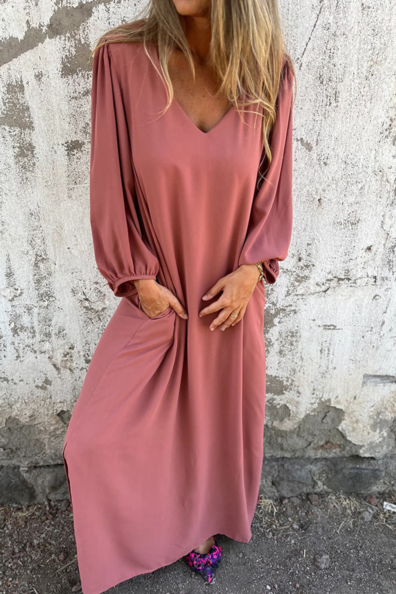 V Neck Lantern Sleeve Maxi Dress