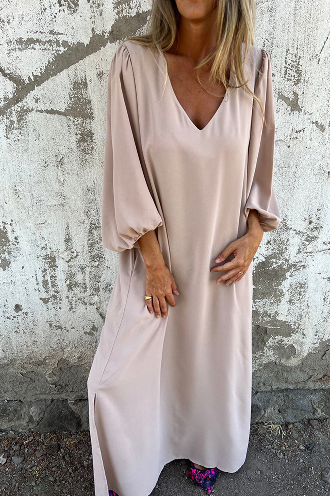 V Neck Lantern Sleeve Maxi Dress