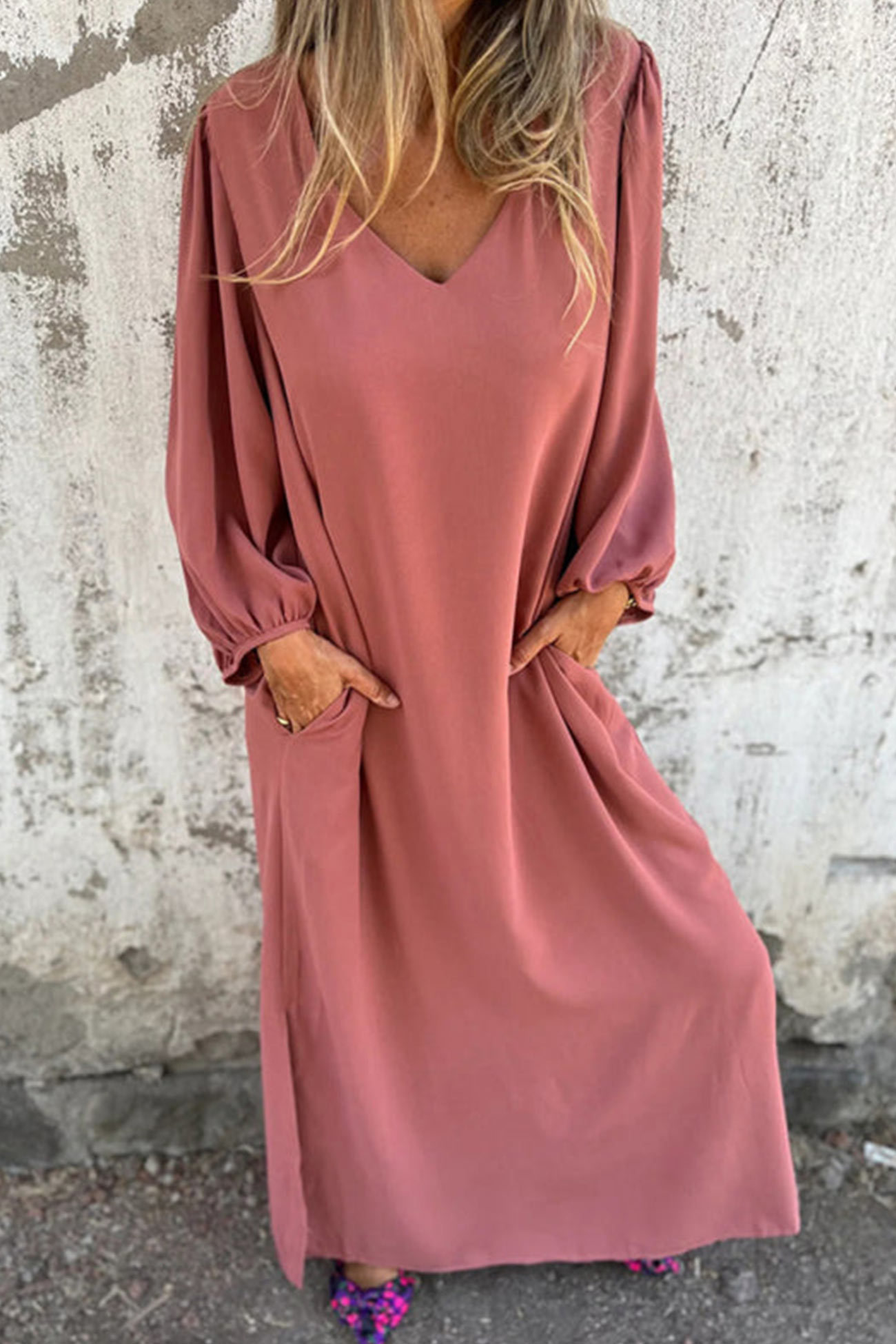 V Neck Lantern Sleeve Maxi Dress