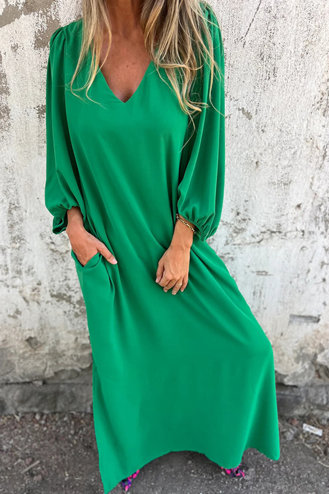 V Neck Lantern Sleeve Maxi Dress