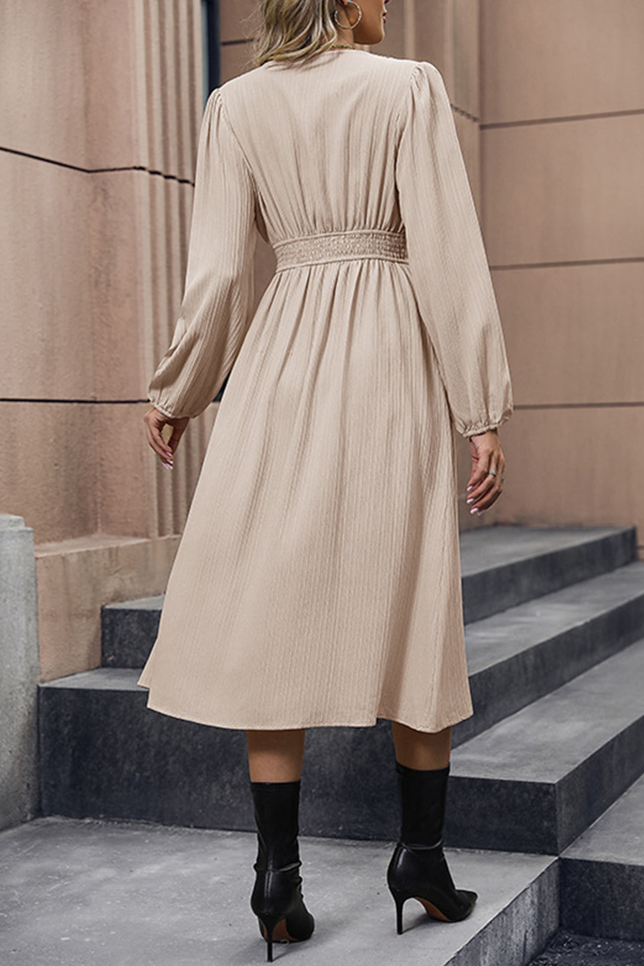 V Neck Long Sleeve Slit Midi Dress