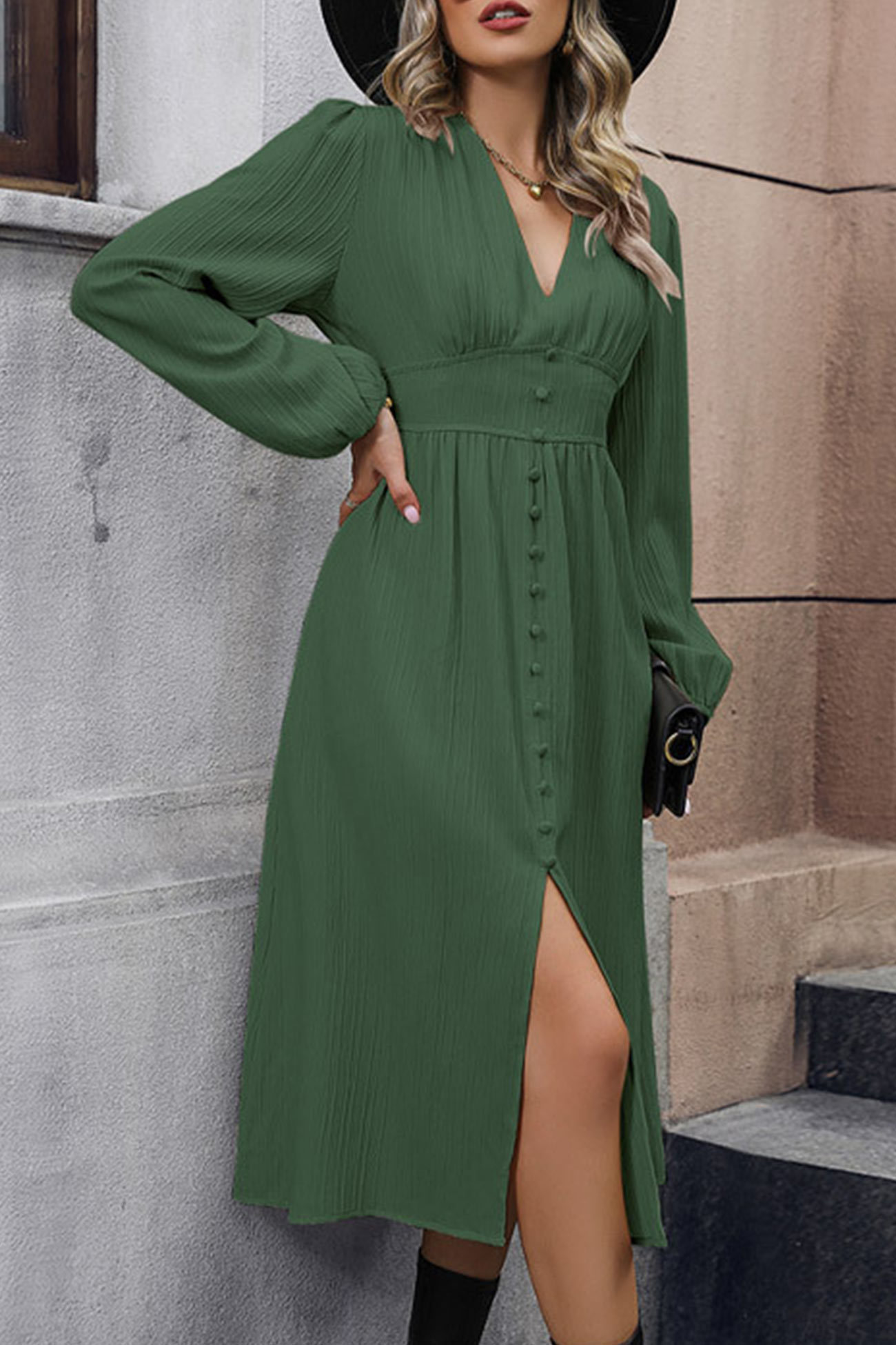 V Neck Long Sleeve Slit Midi Dress