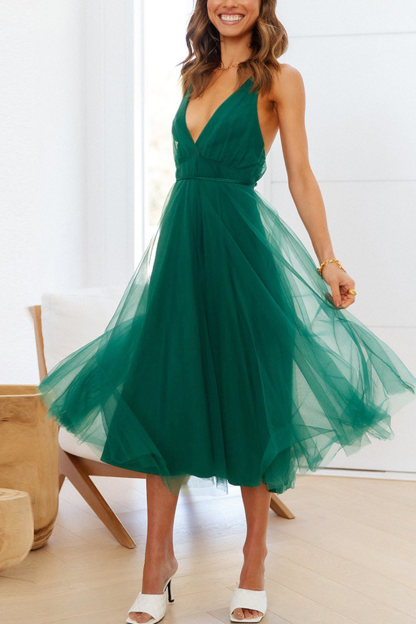 V Neck Mesh Tie-up Cami Dress