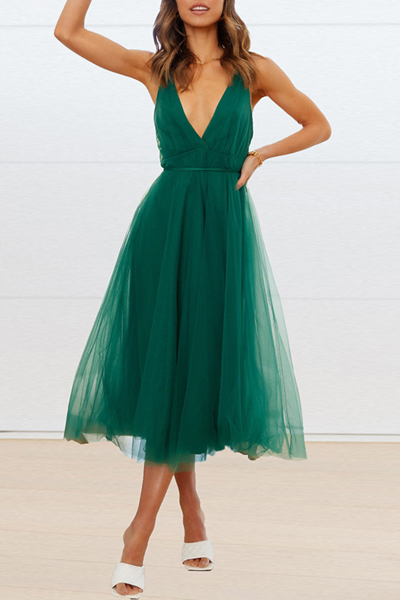 V Neck Mesh Tie-up Cami Dress