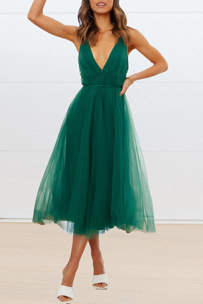 V Neck Mesh Tie-up Cami Dress