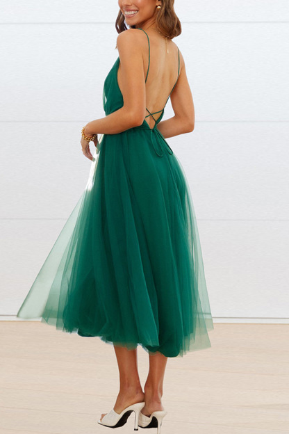 V Neck Mesh Tie-up Cami Dress