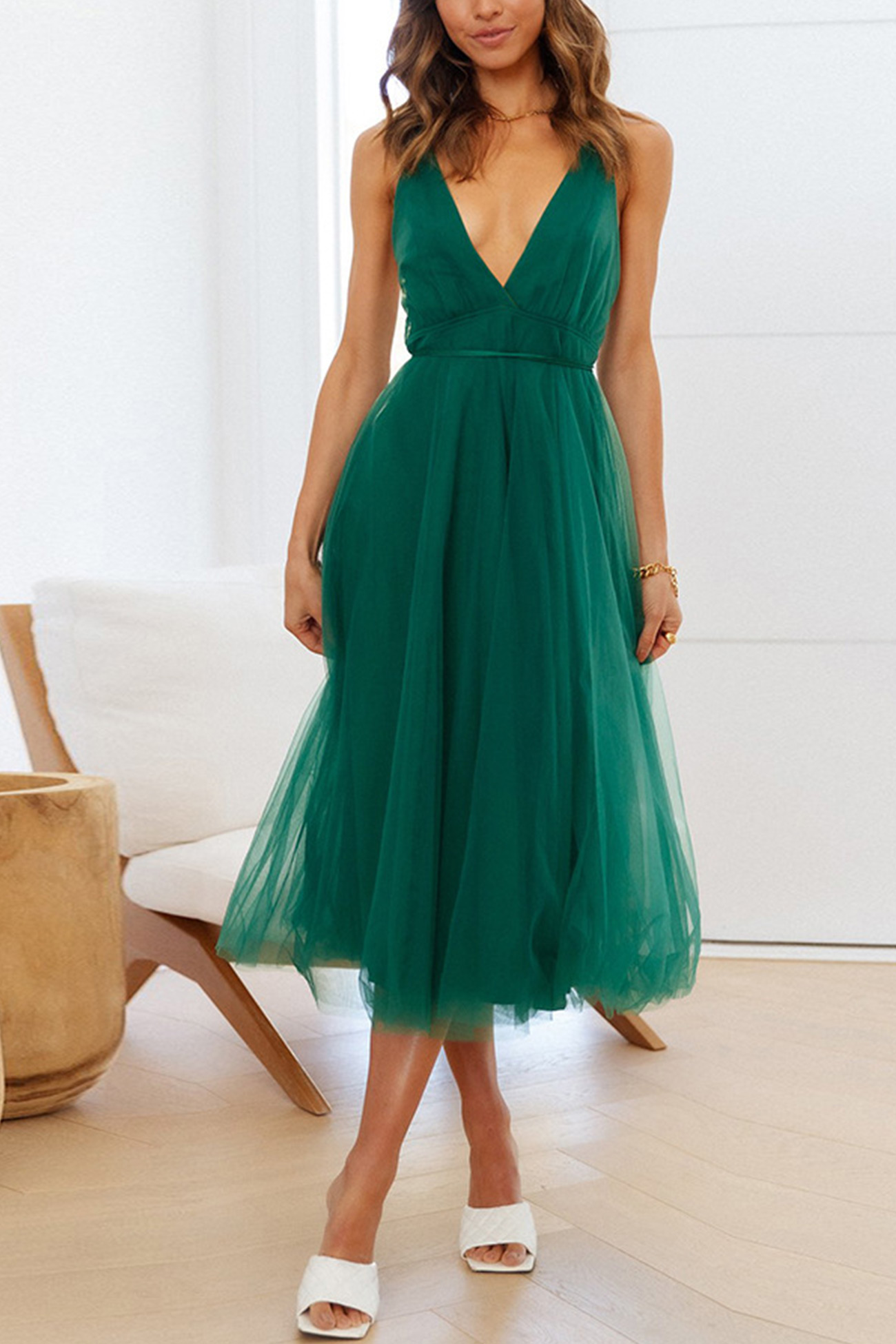 V Neck Mesh Tie-up Cami Dress