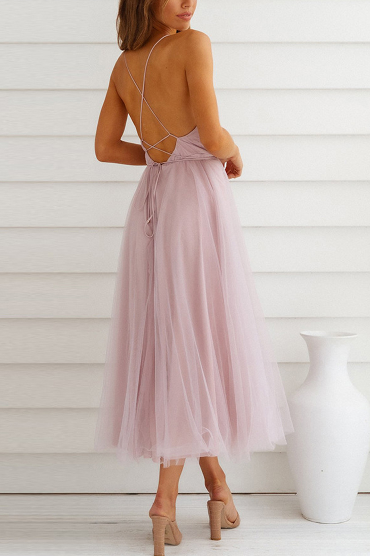 V Neck Mesh Tie-up Cami Dress
