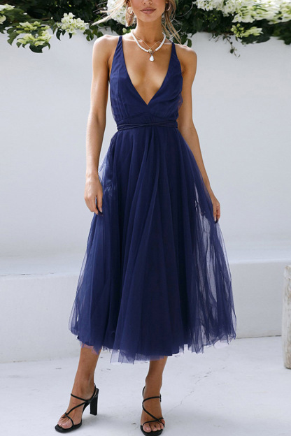 V Neck Mesh Tie-up Cami Dress