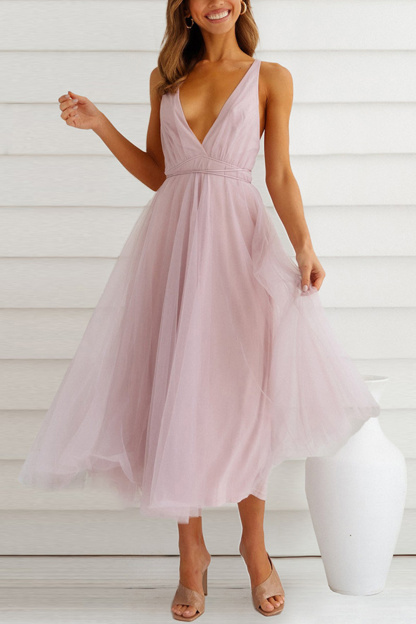 V Neck Mesh Tie-up Cami Dress