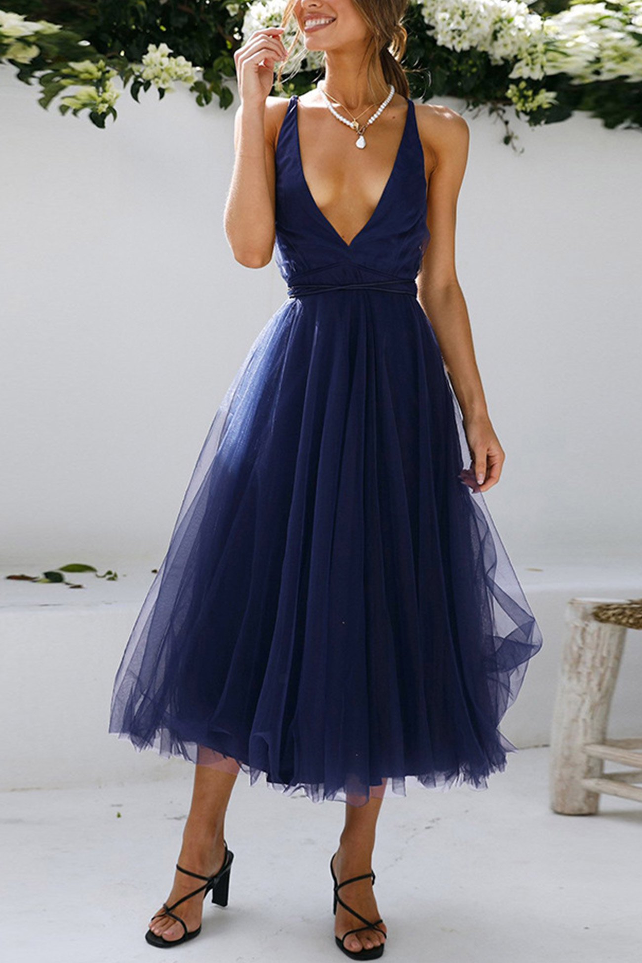 V Neck Mesh Tie-up Cami Dress