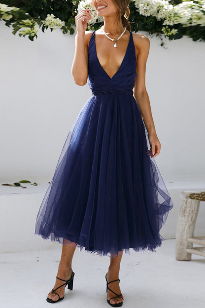 V Neck Mesh Tie-up Cami Dress