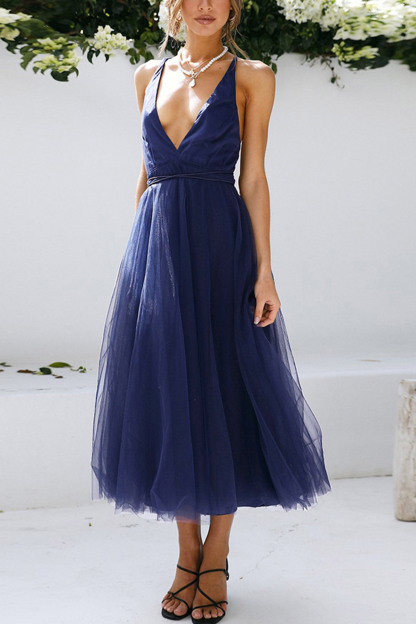 V Neck Mesh Tie-up Cami Dress