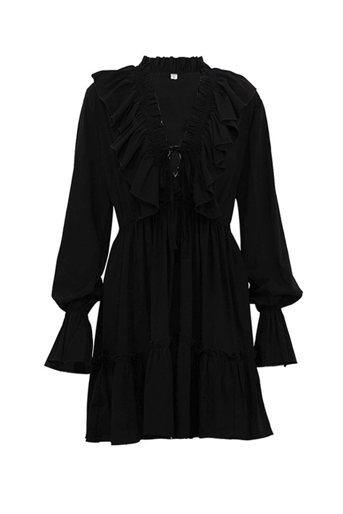 V Neck Pleated Trumpet Sleeve Ruffle Dress