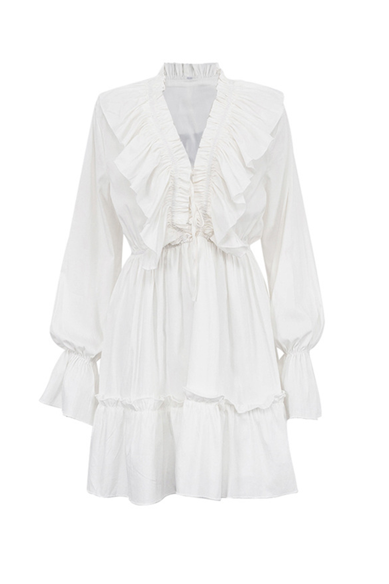 V Neck Pleated Trumpet Sleeve Ruffle Dress
