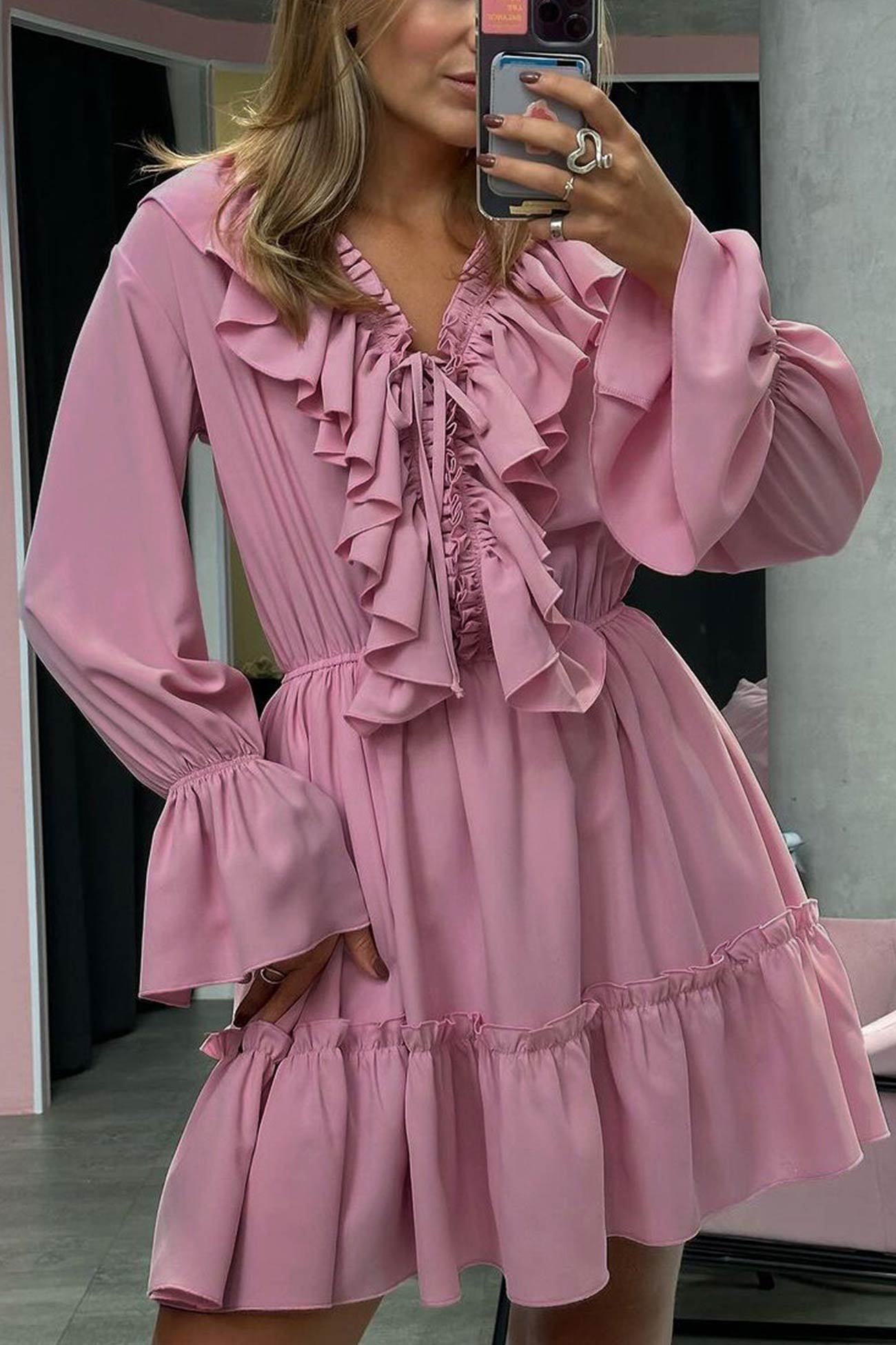 V Neck Pleated Trumpet Sleeve Ruffle Dress