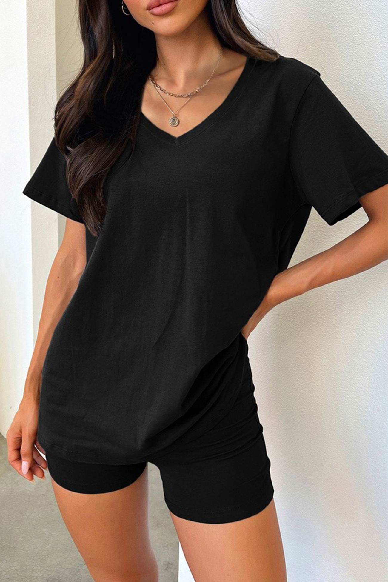 V Neck Short Sleeve T-shirt Shorts Set