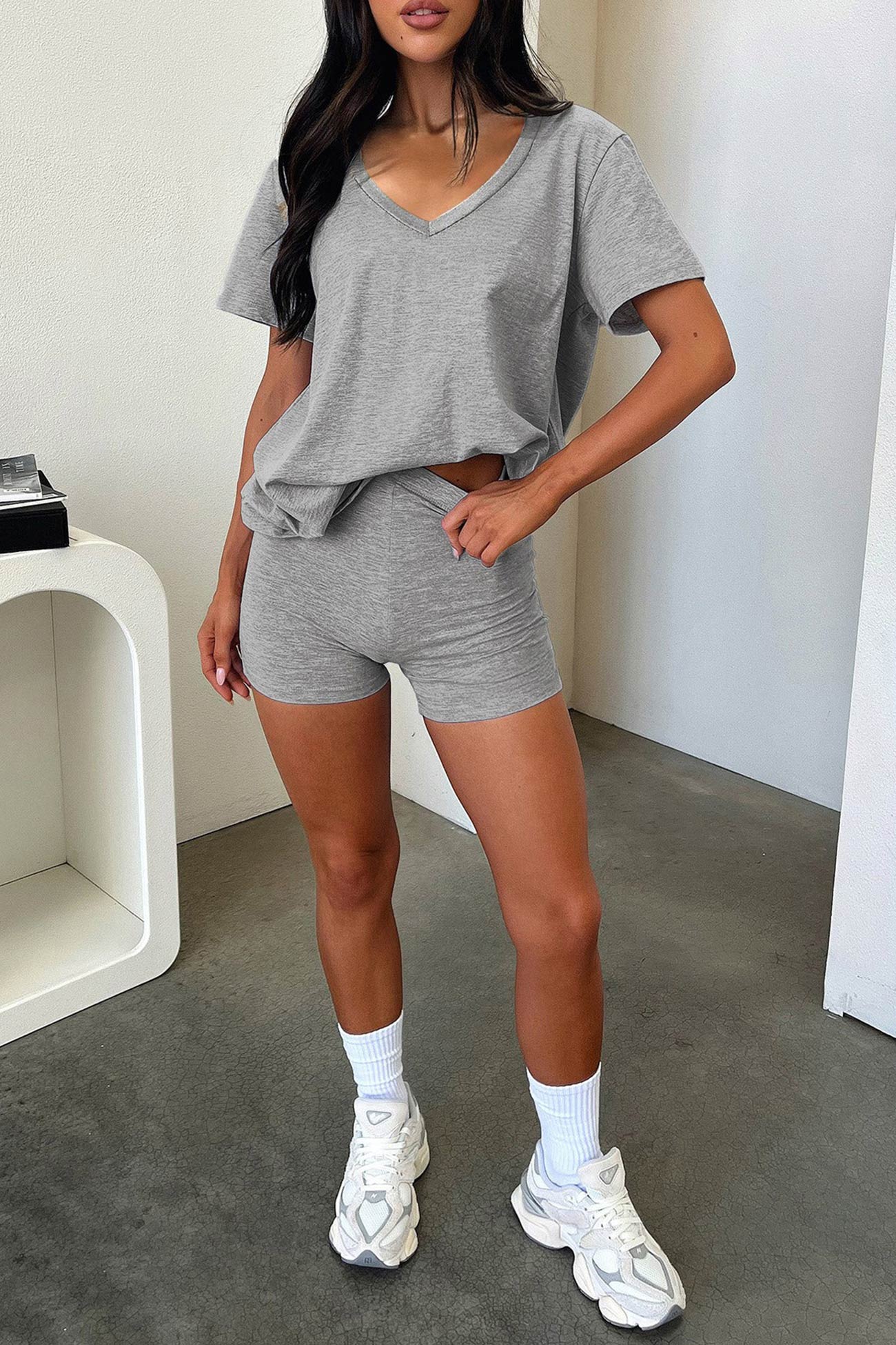 V Neck Short Sleeve T-shirt Shorts Set