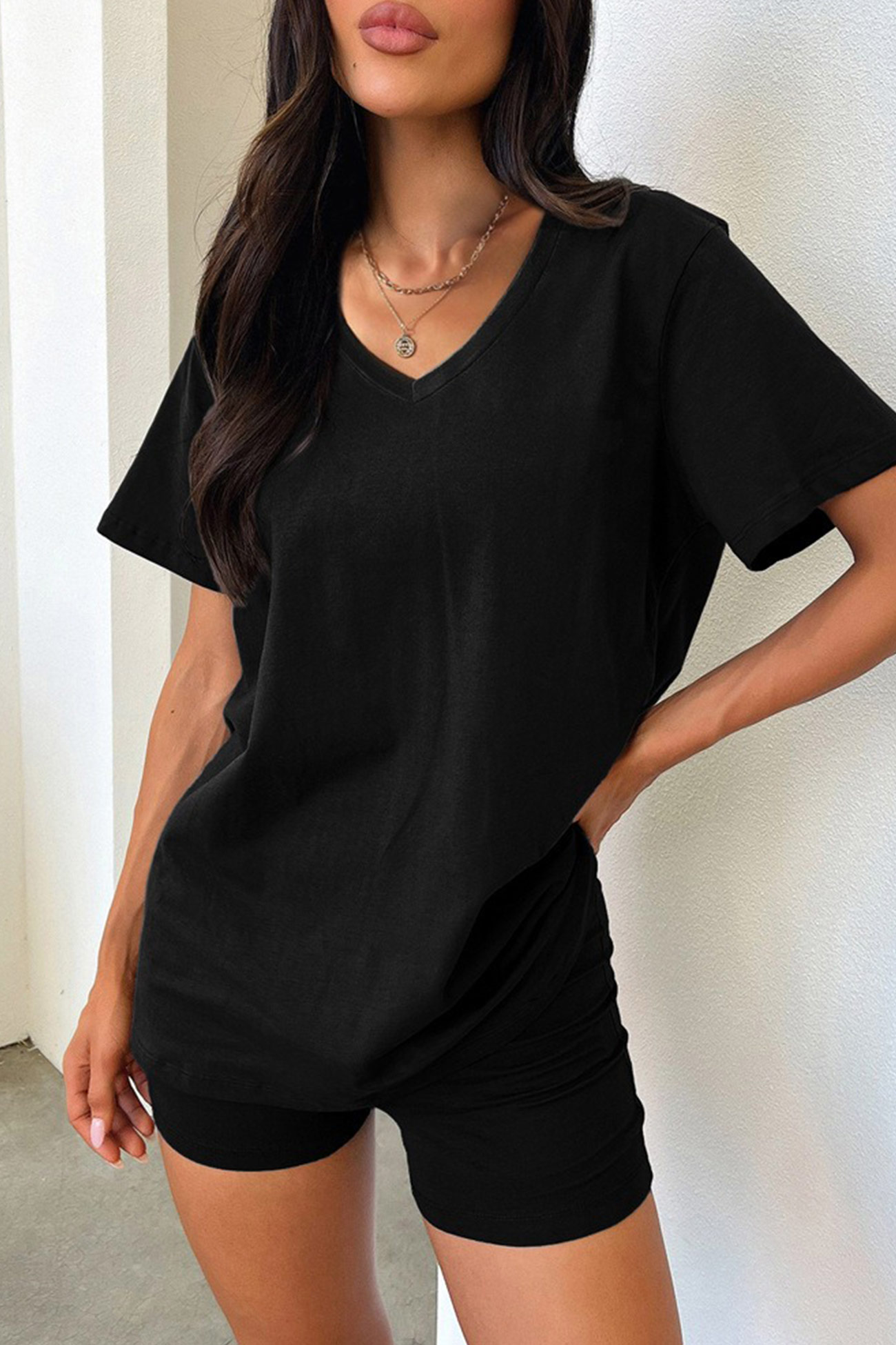 V Neck Short Sleeve T-shirt Shorts Set