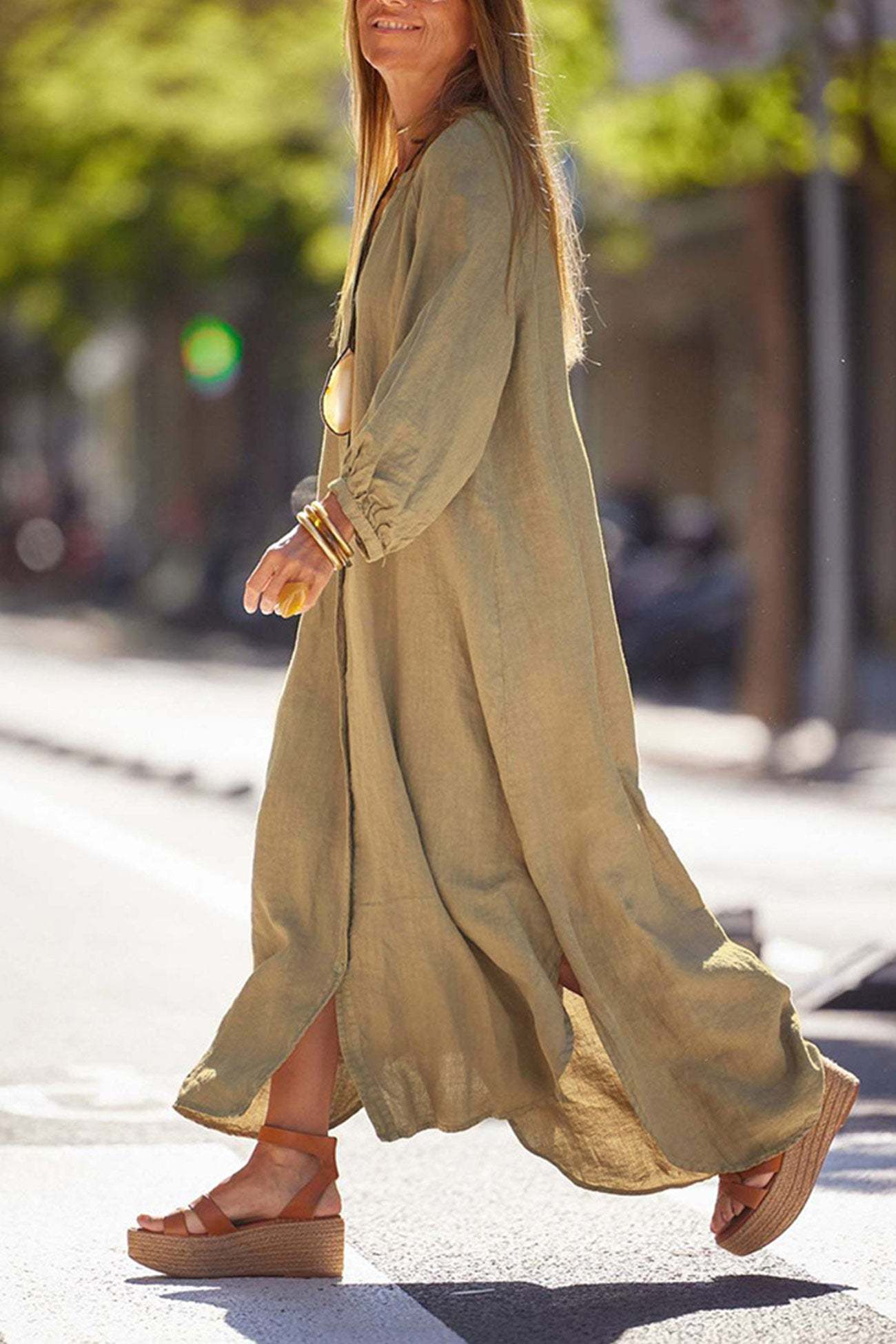 V Neck Single-breasted Long Sleeve Dress
