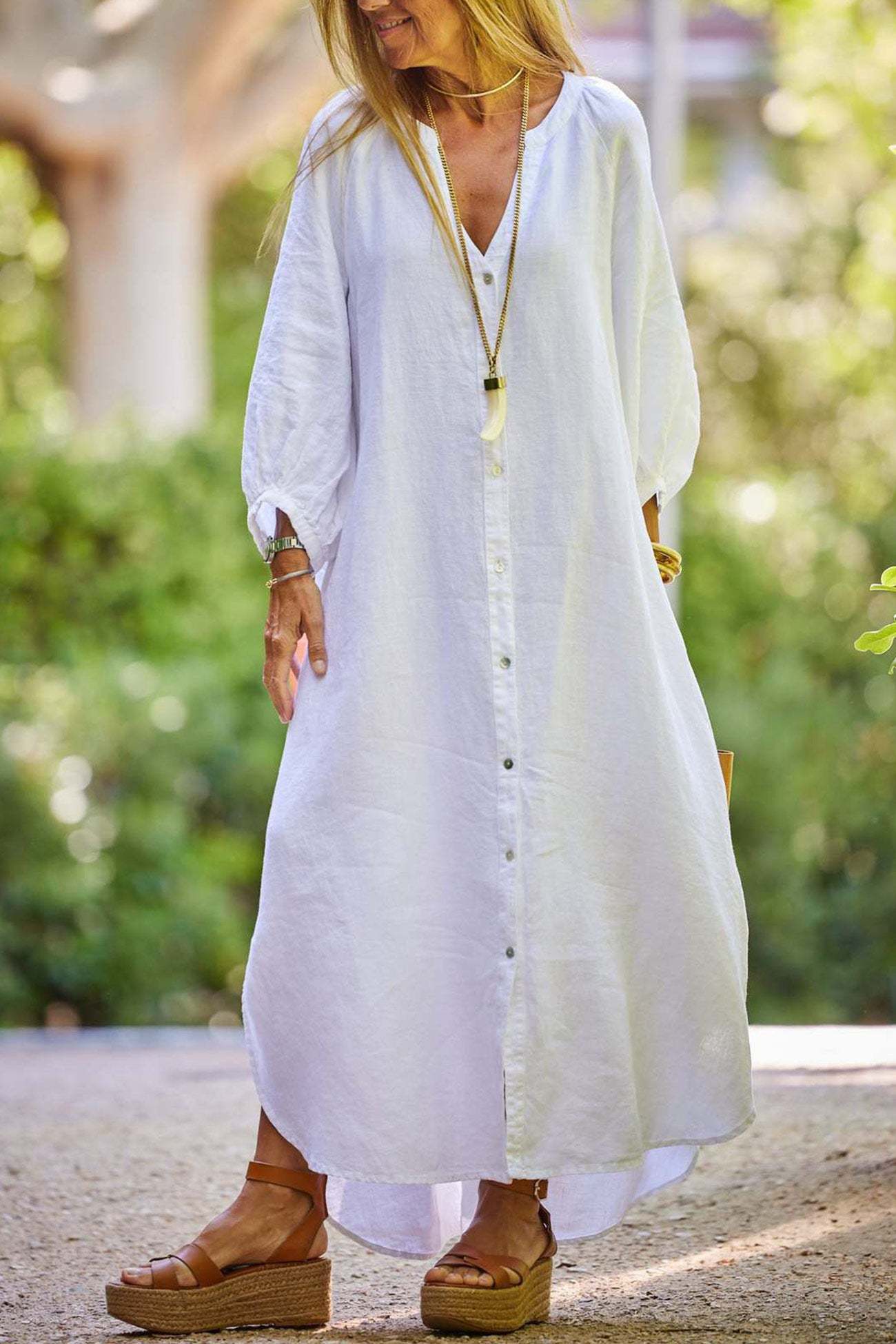 V Neck Single-breasted Long Sleeve Dress