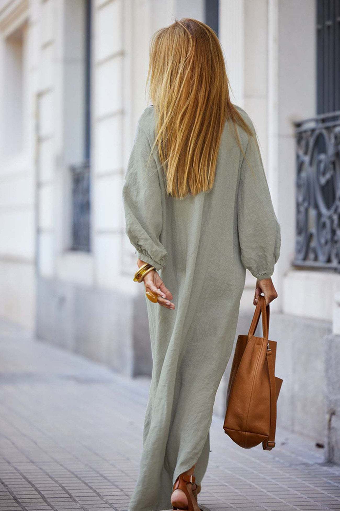 V Neck Single-breasted Long Sleeve Dress