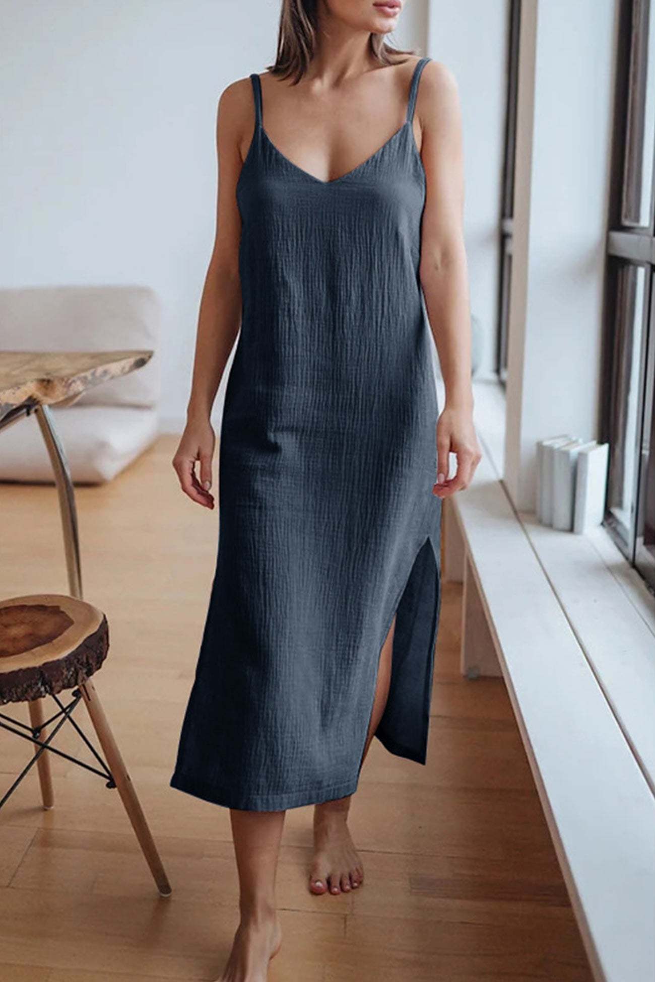 V Neck Slit Cotton Cami Dress