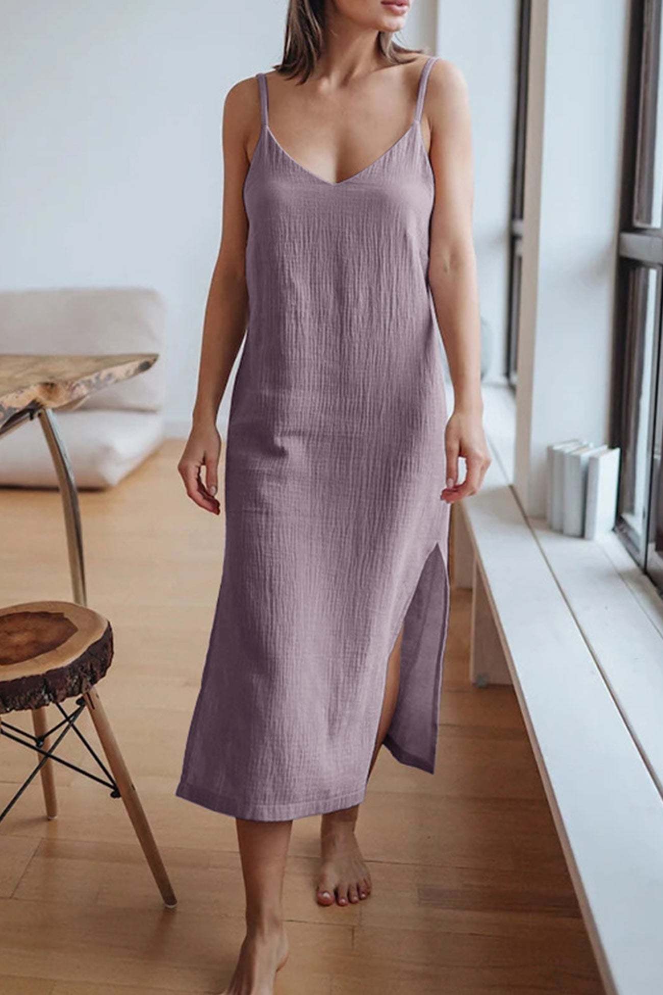 V Neck Slit Cotton Cami Dress