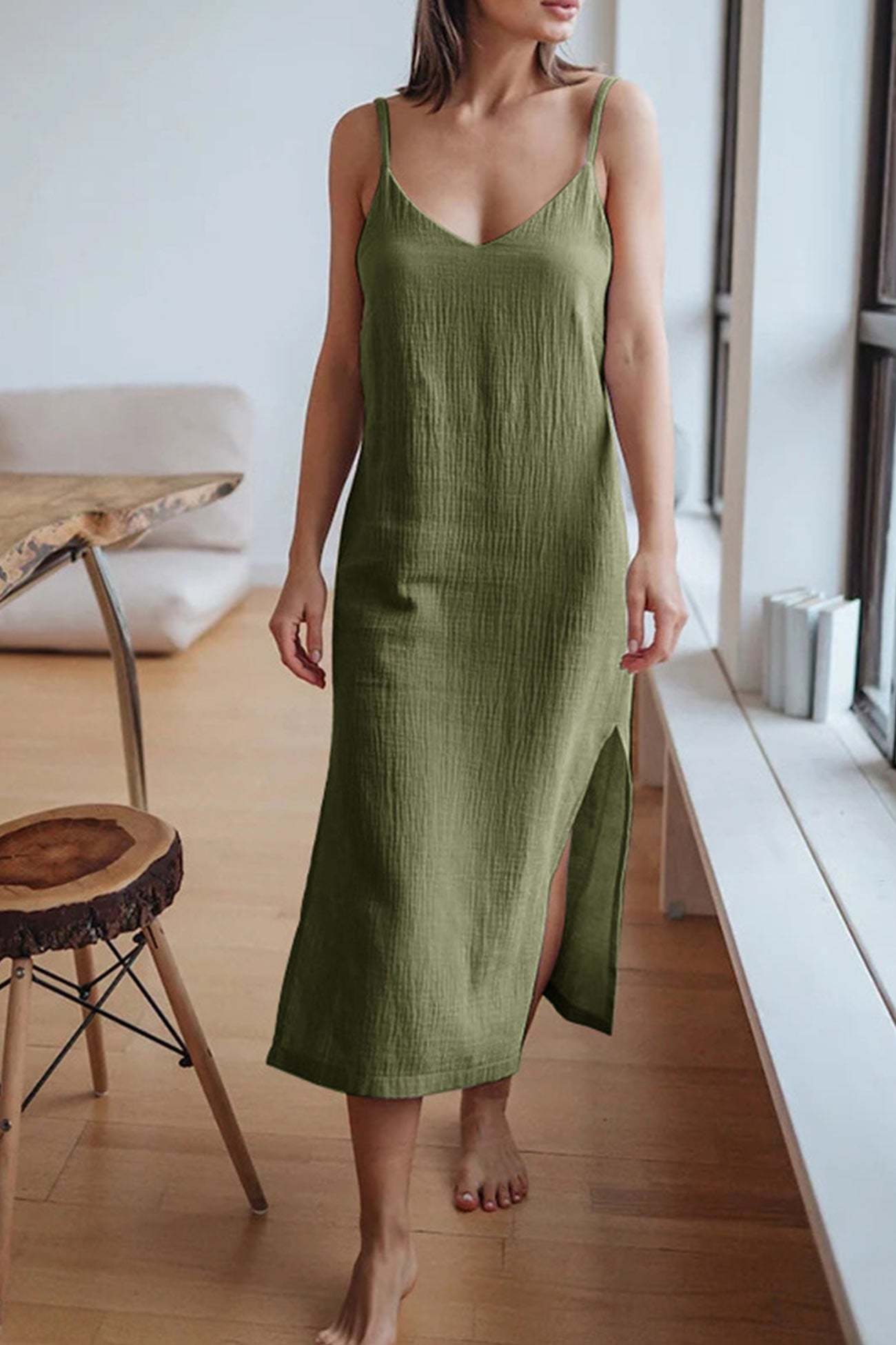 V Neck Slit Cotton Cami Dress