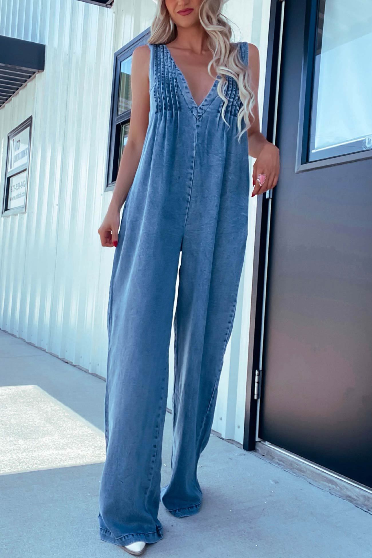 V Neck Smocked Backless Denim Jumpsuits