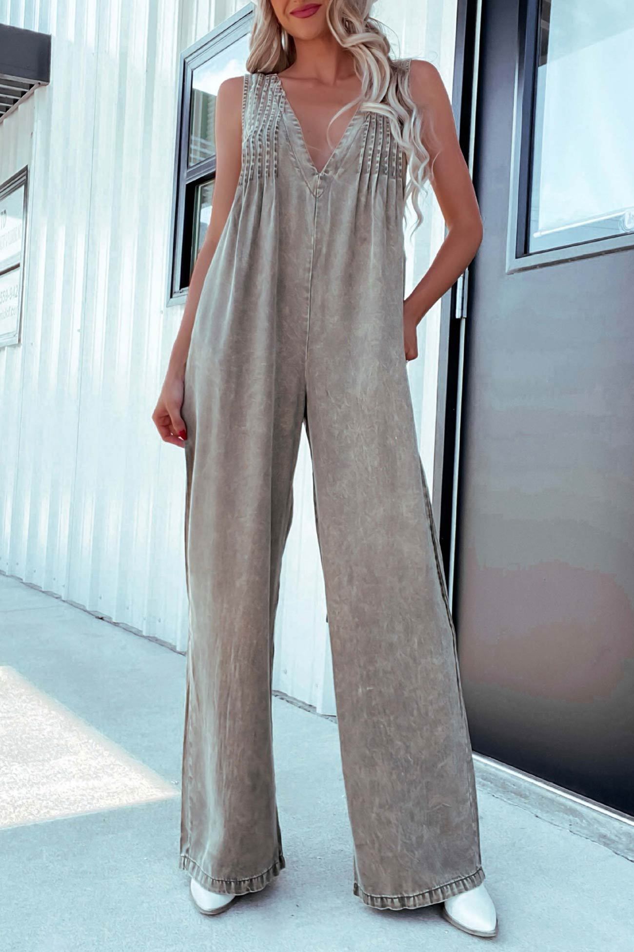 V Neck Smocked Backless Denim Jumpsuits