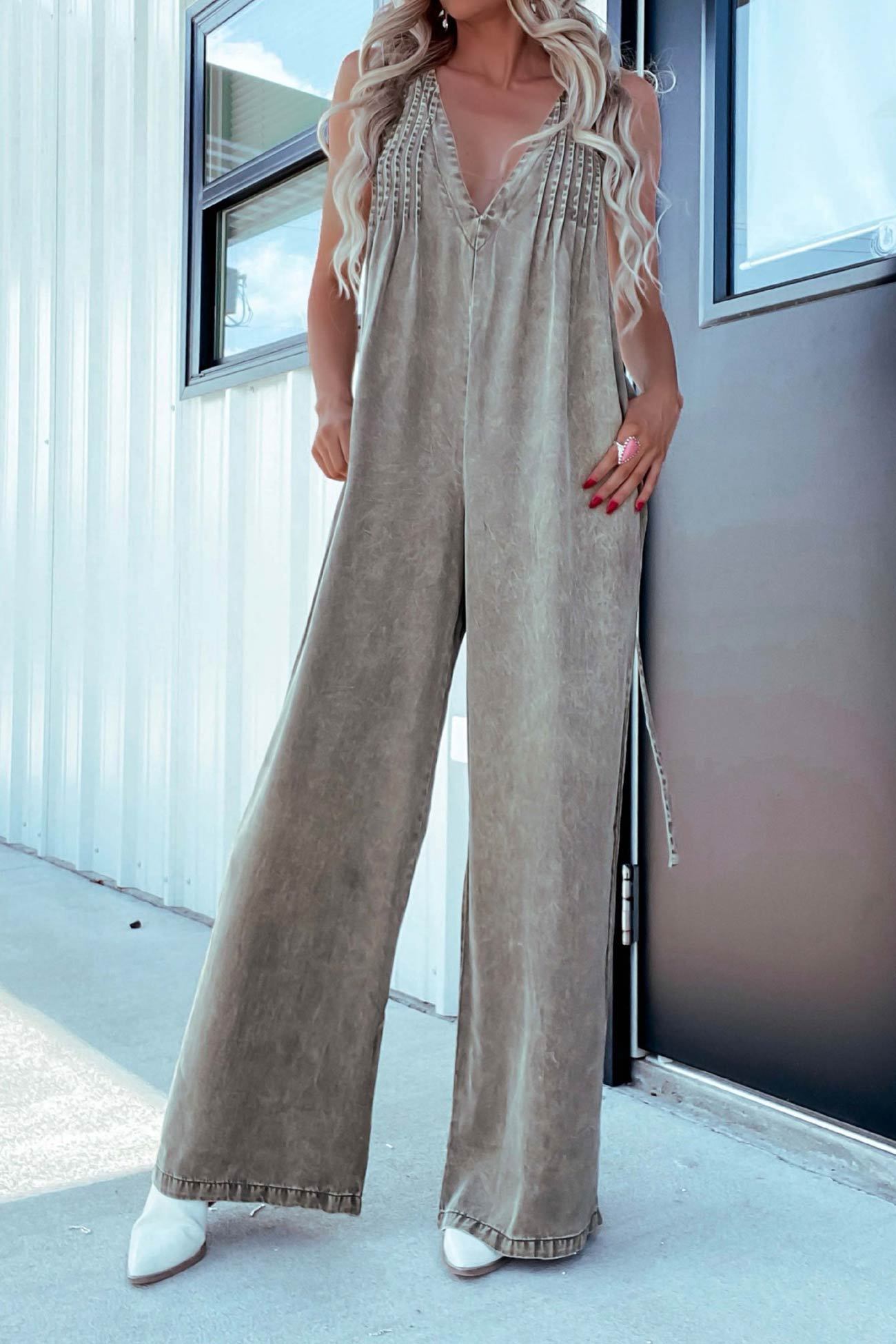 V Neck Smocked Backless Denim Jumpsuits