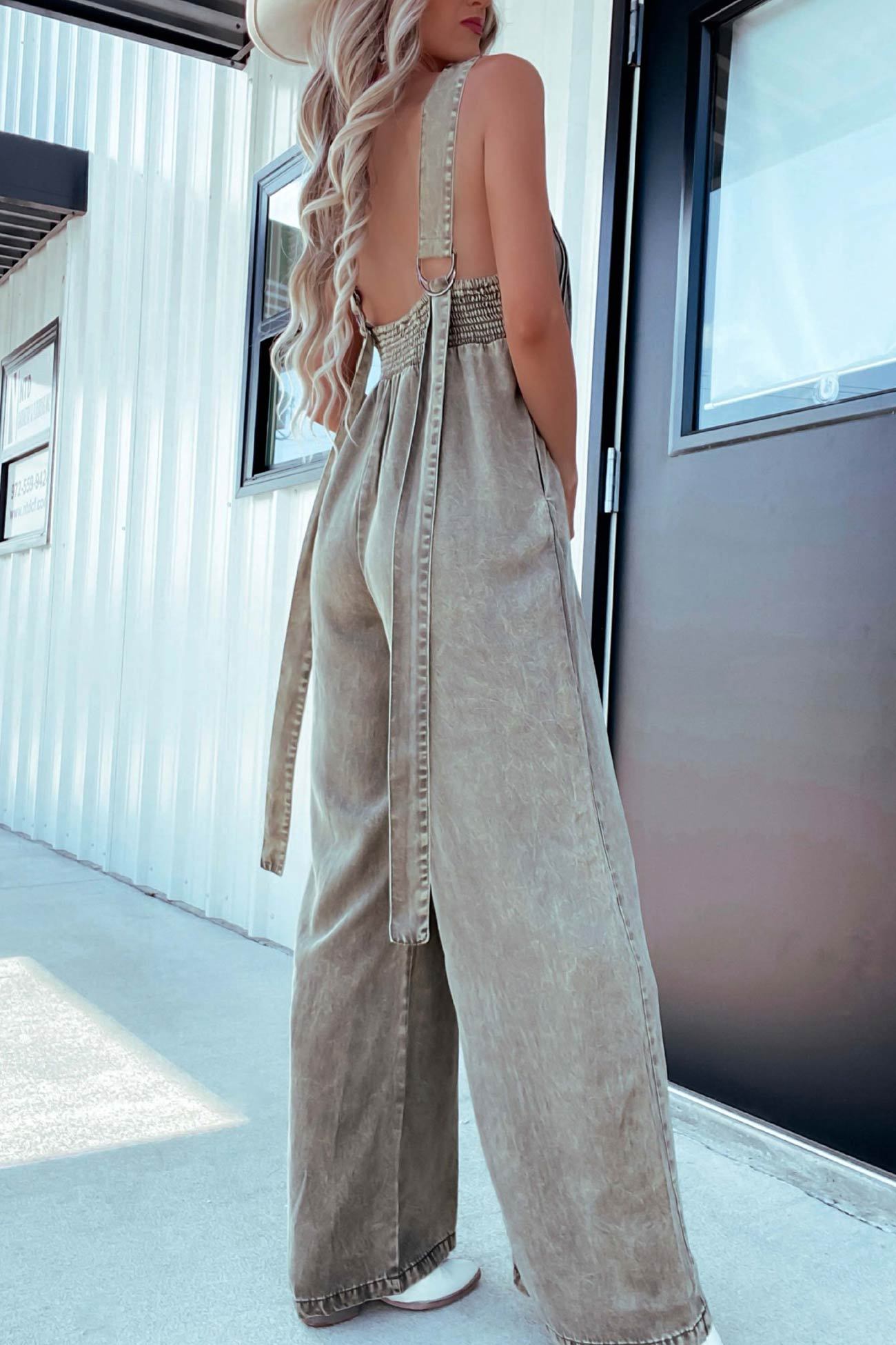 V Neck Smocked Backless Denim Jumpsuits