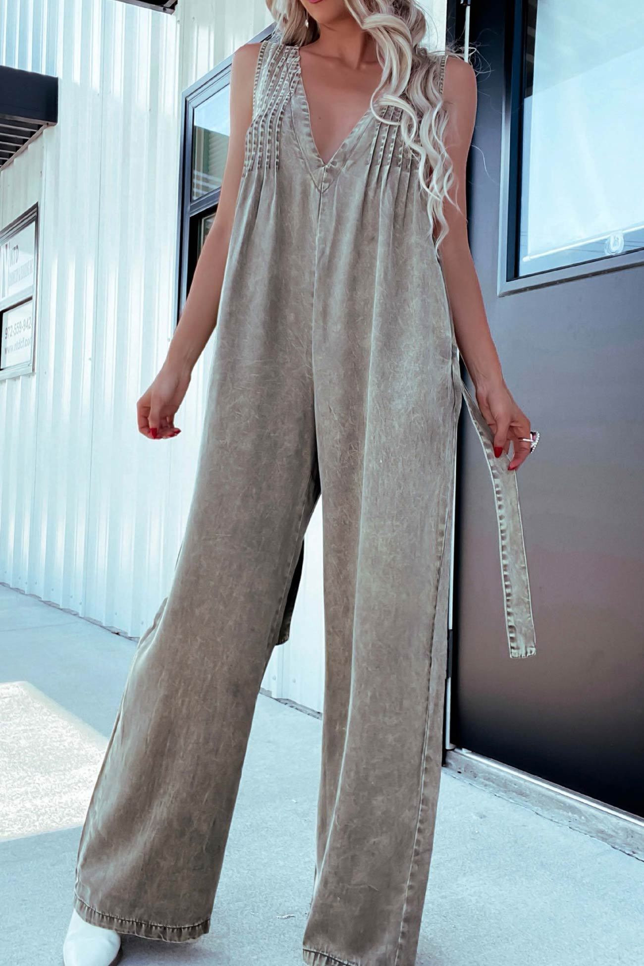 V Neck Smocked Backless Denim Jumpsuits