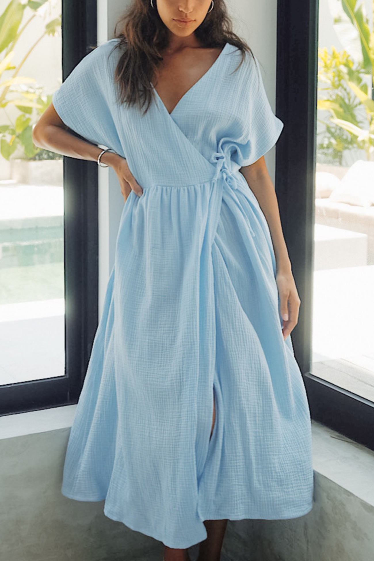 V Neck Tie-up Slit A-line Cotton Dress