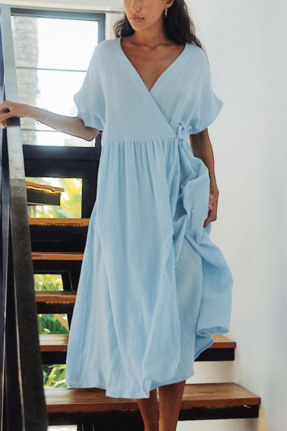 V Neck Tie-up Slit A-line Cotton Dress