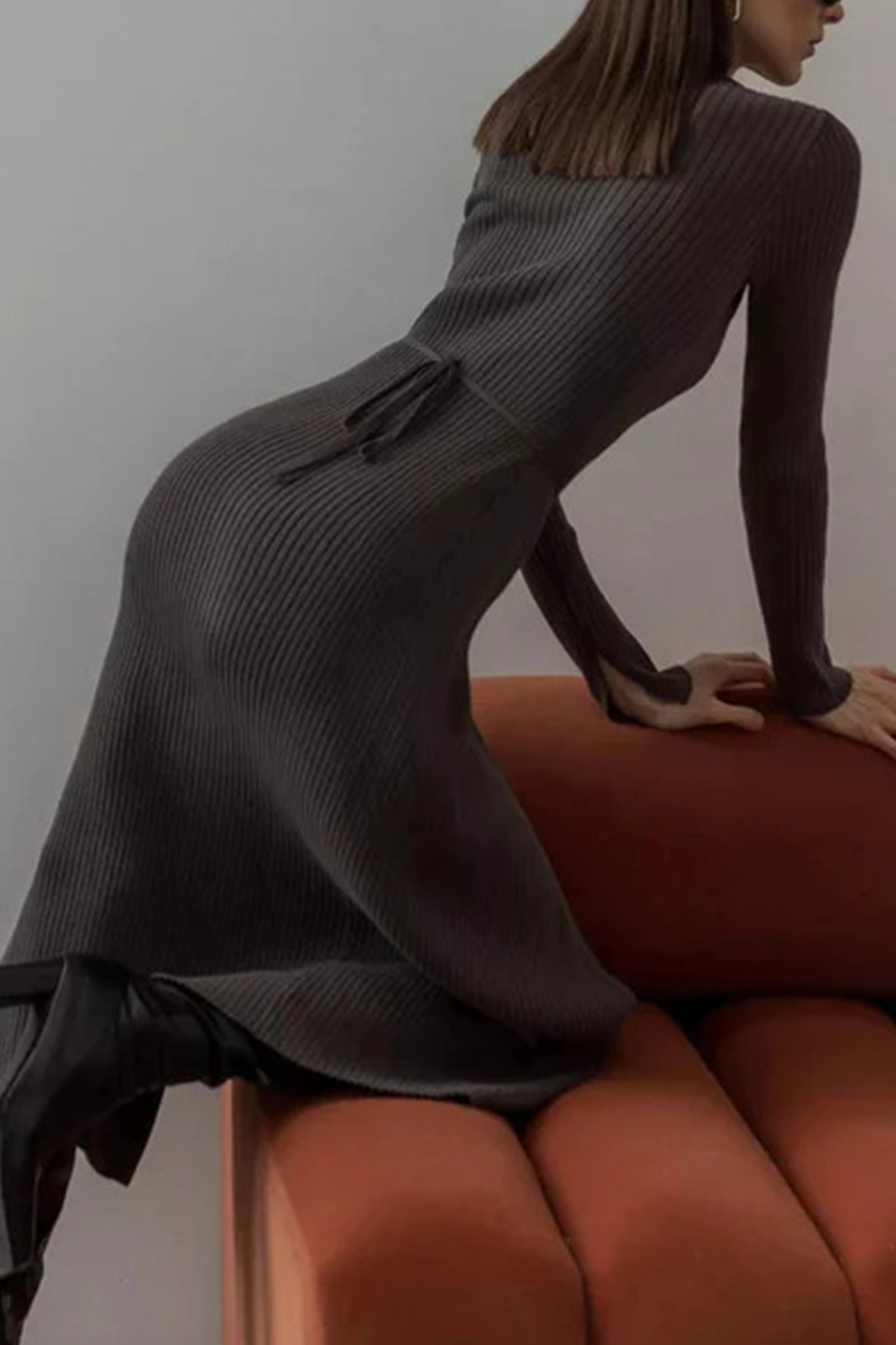 V Neck Tie-up Slit Knit Dress