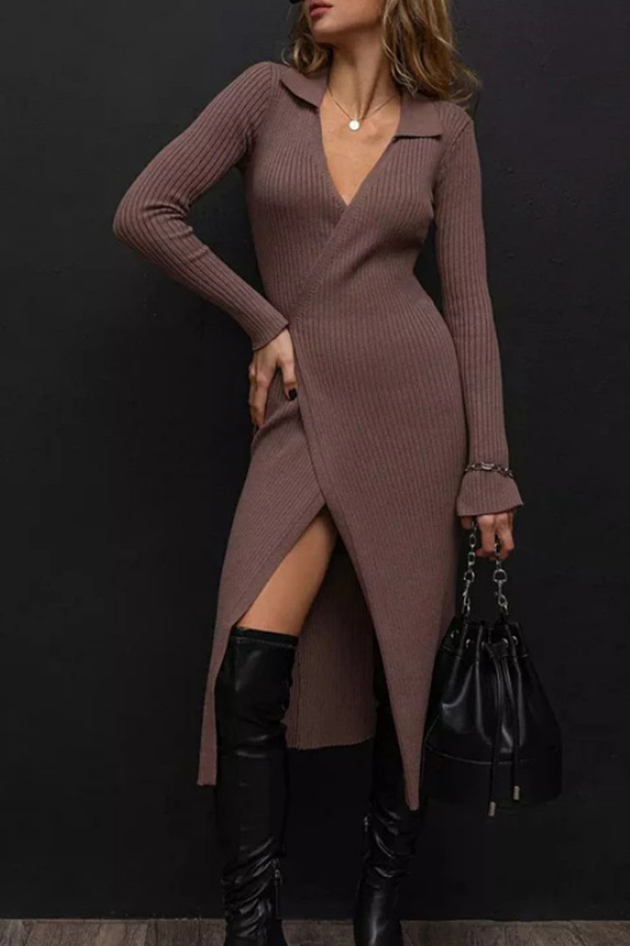 V Neck Tie-up Slit Knit Dress