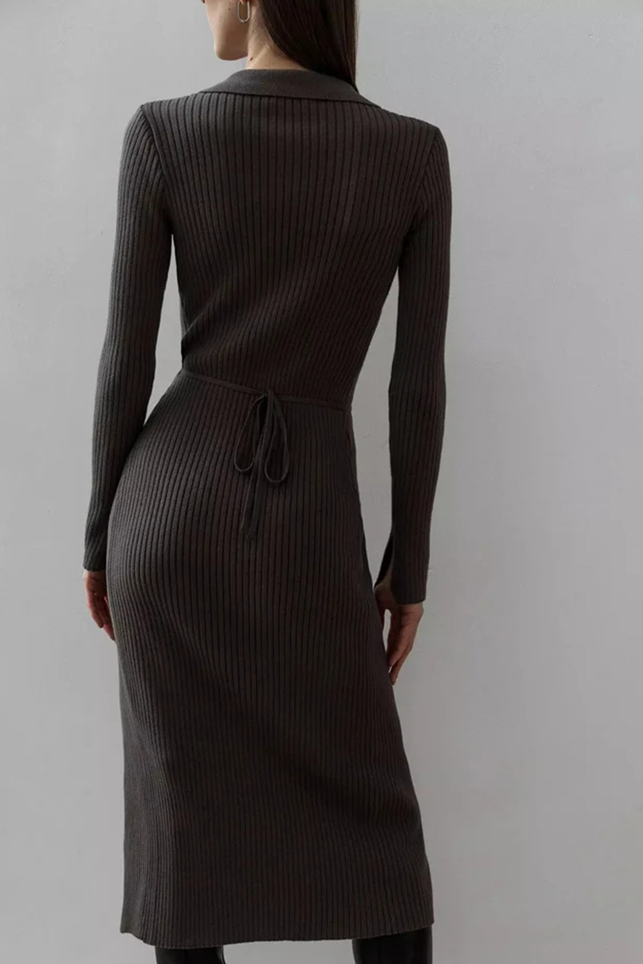 V Neck Tie-up Slit Knit Dress