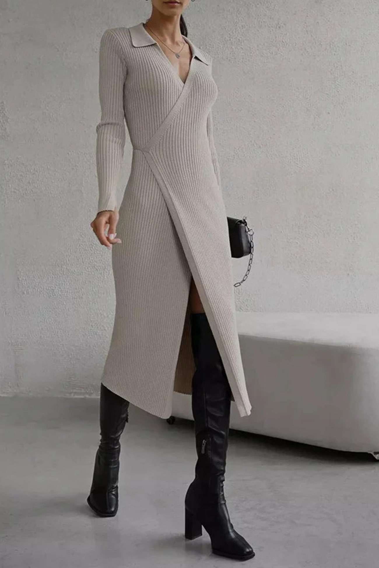 V Neck Tie-up Slit Knit Dress