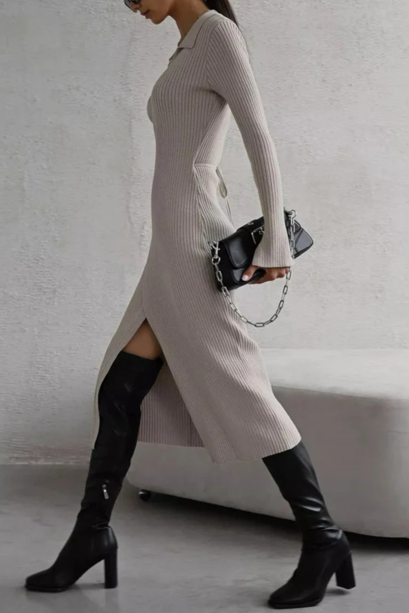V Neck Tie-up Slit Knit Dress