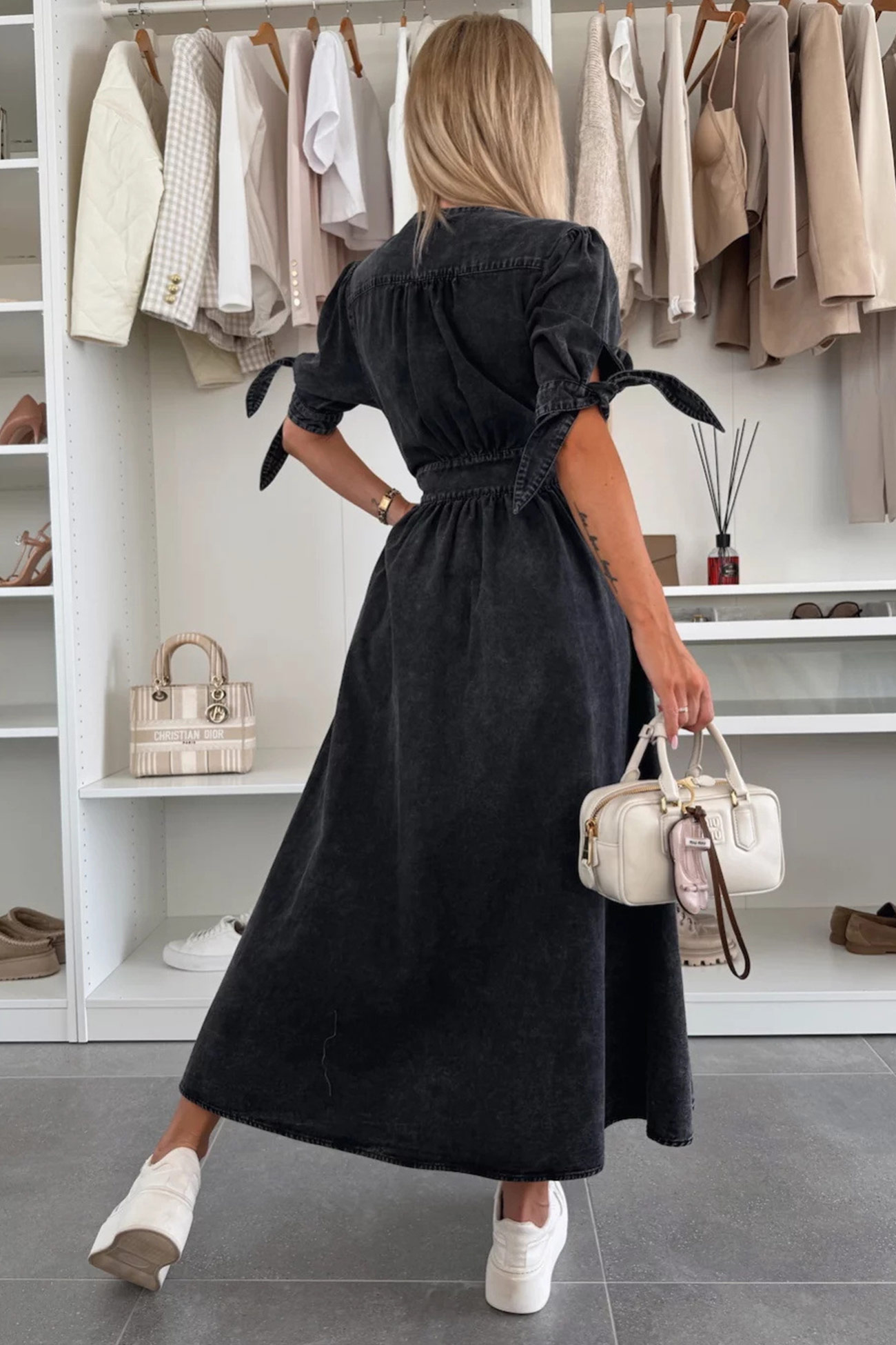V-neck Single-breasted Denim Dress