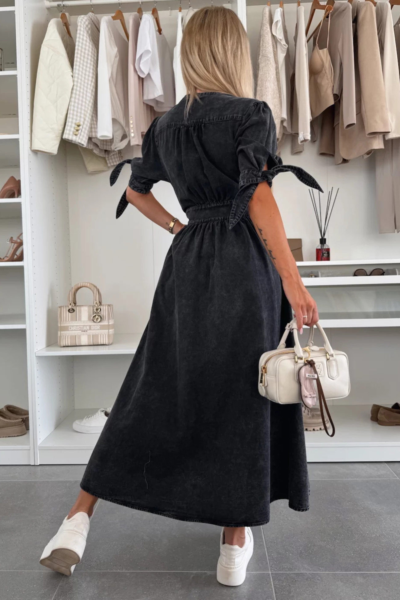 V-neck Single-breasted Denim Dress