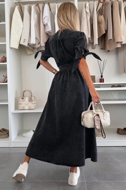 V-neck Single-breasted Denim Dress